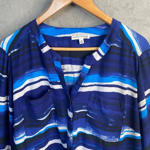 Notations Top 3X Button Down 3/4‎ Sleeve Blue Striped Abstract Career Casual - Picture 3 of 14